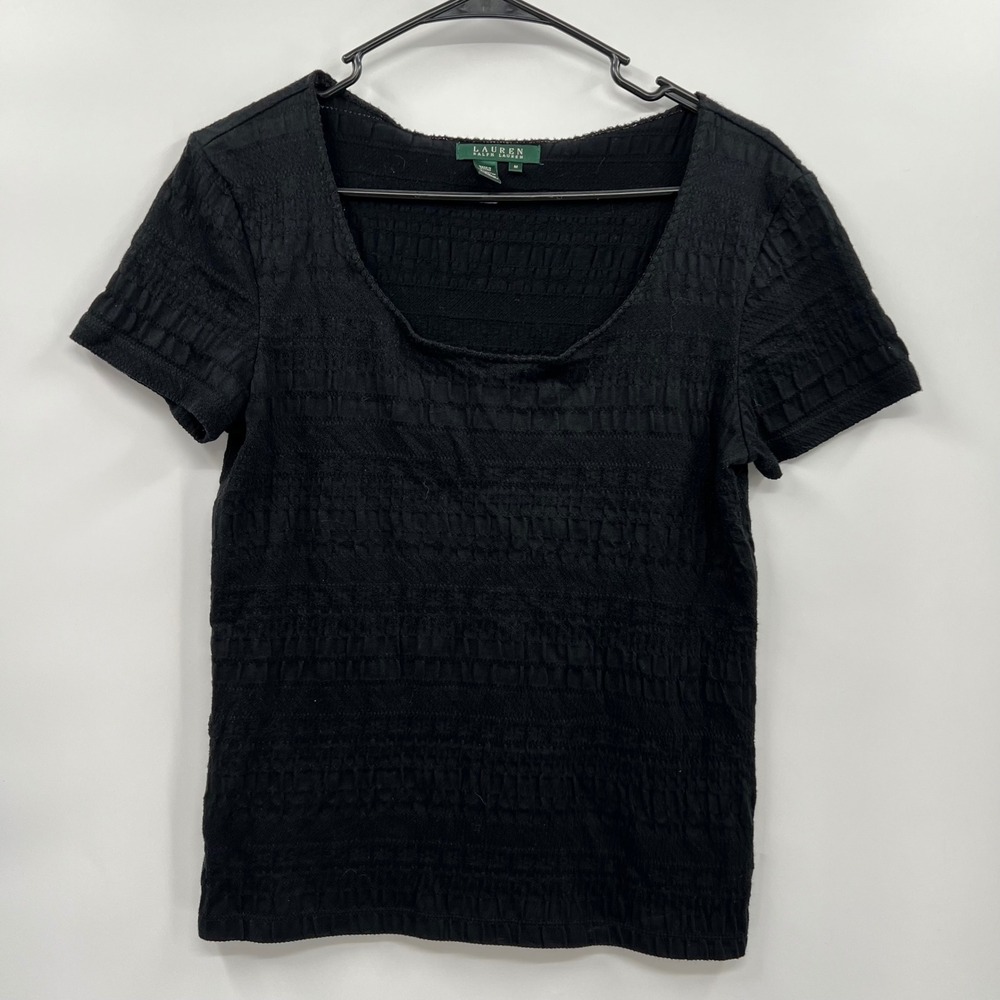 Lauren Ralph‎ Lauren Medium Top Womens Black Textured Scoop Neck Short Sleeve